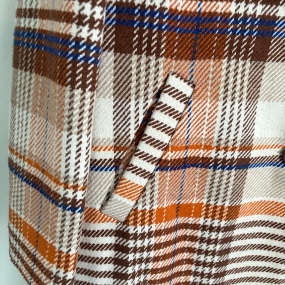 Forever 21 | Women's Plaid Cream Orange Brown Long Coat Deep V Size L - Picture 3 of 8